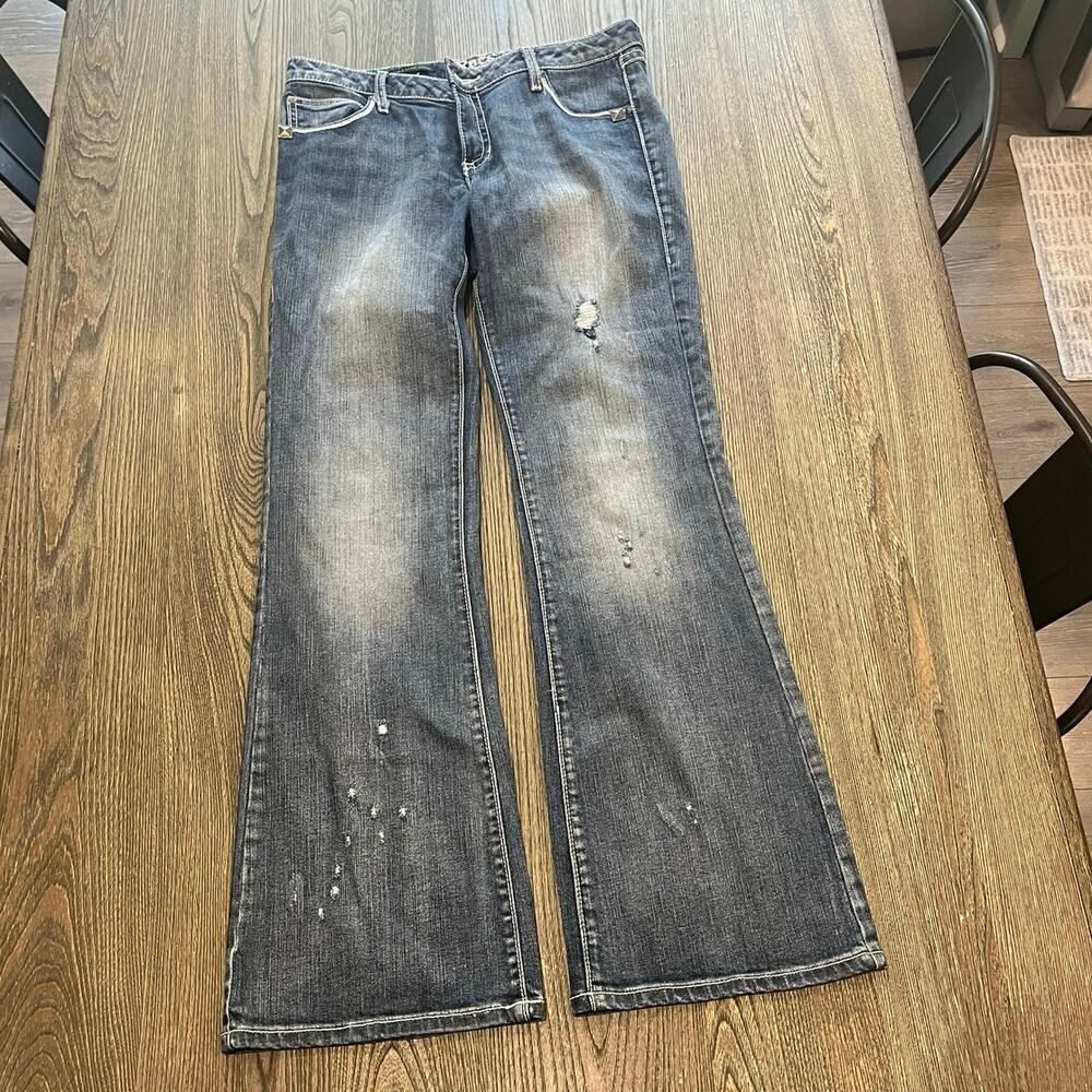 Rock 47 by Wrangler Flared Jeans Ultra Low Rise Distressed Stud Blue Size 7x34